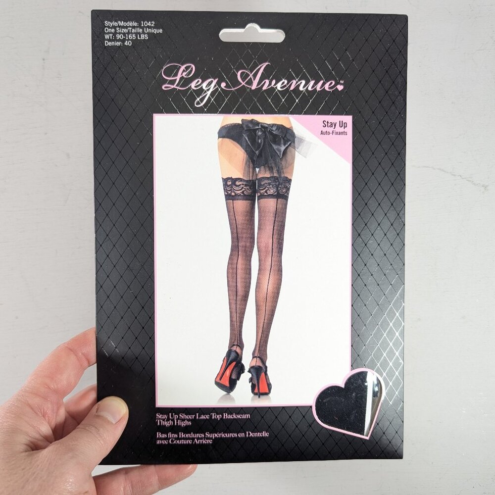 LEG AVENUE *Black* Stay Up Sheer Lace Top Backseam Thigh High Stockings